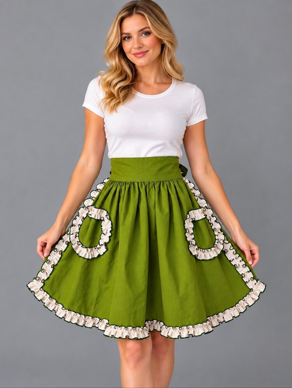 Vintage HANDMADE 1950s Green Ruffle Tie Back Apron